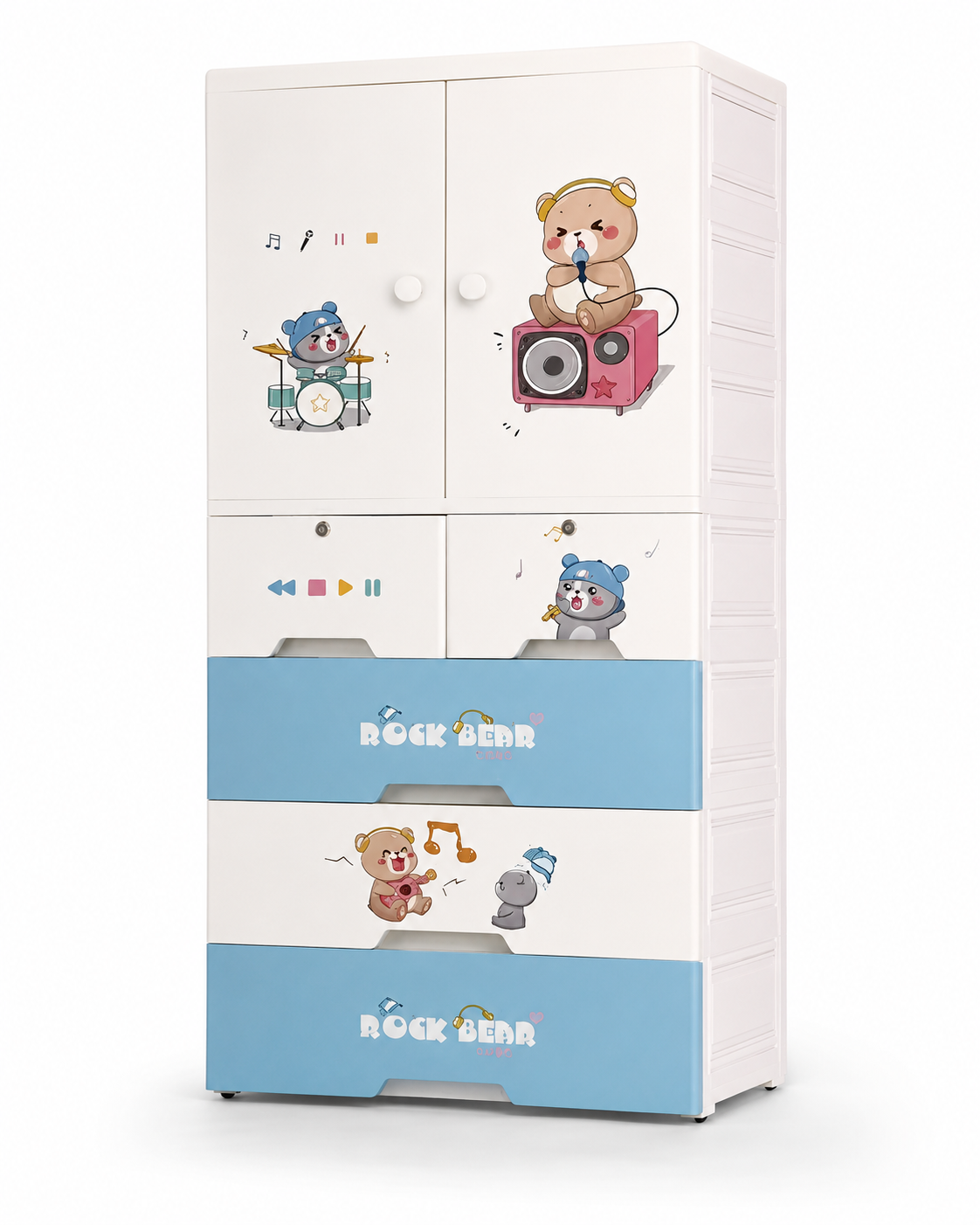 Rock Bear Kids Wardrobe & Storage Cabinet – Cute Music-Themed Cartoon Organizer (70*38*156cm)