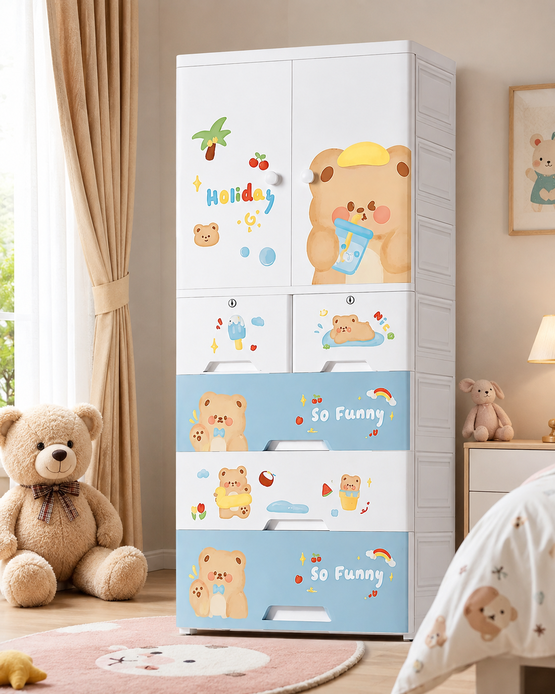Summer Bear & Bloom Kids Wardrobe – Playful Kids Storage Cabinet (70*38*156cm)