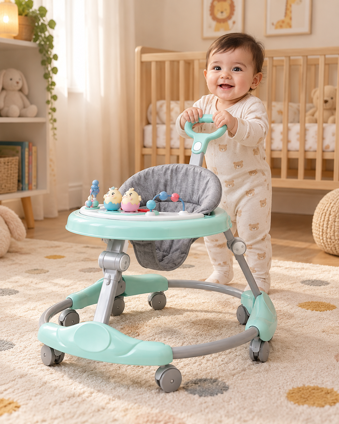 Musical Baby Walker with Interactive Toys & Push Handle – Mint Green
