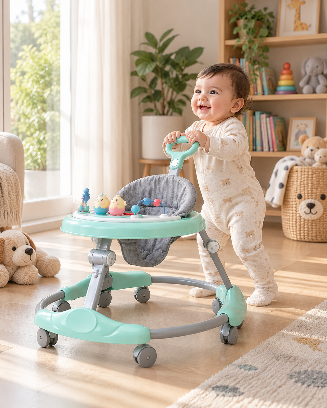 Musical Baby Walker with Interactive Toys & Push Handle – Mint Green
