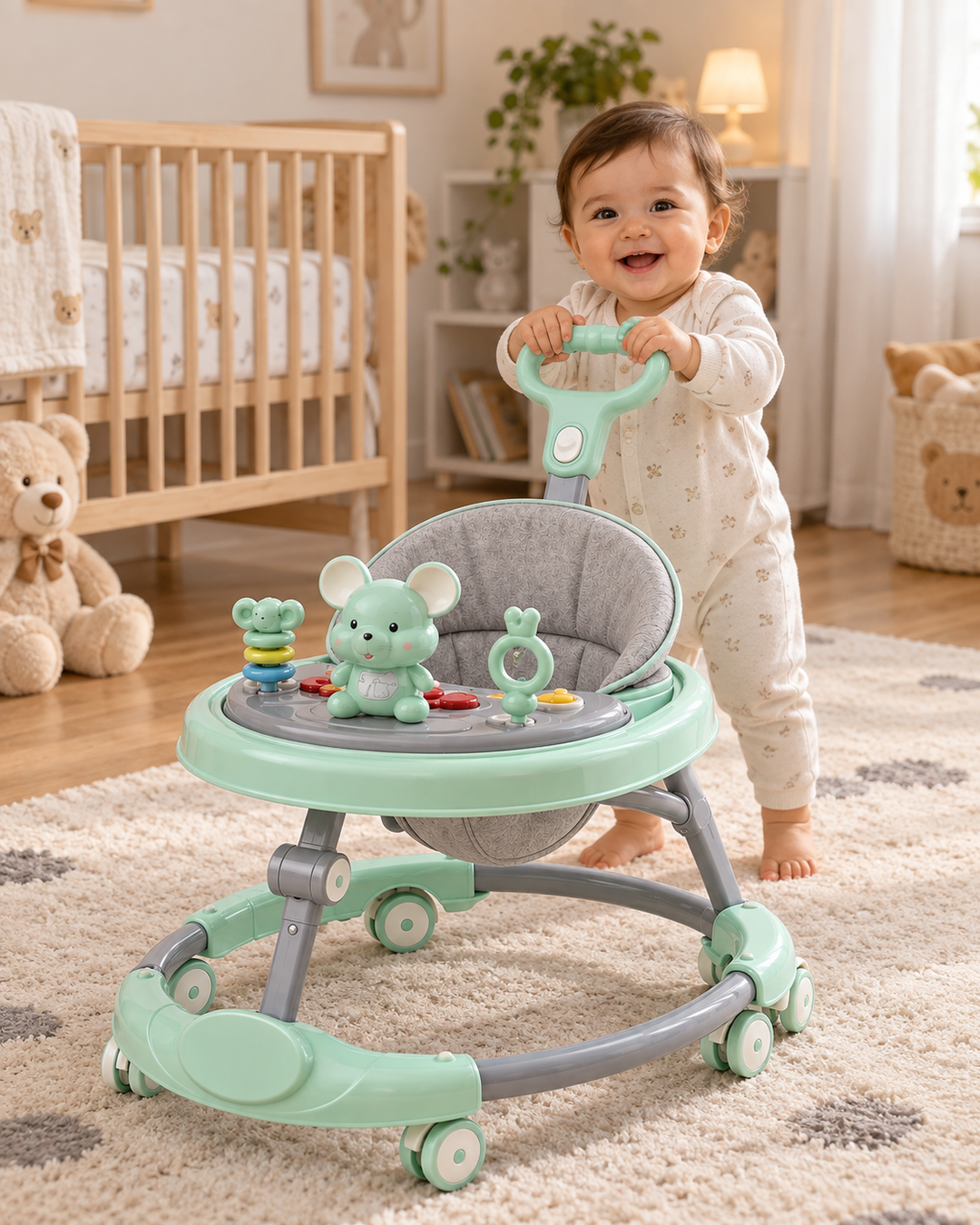 TinySteps Musical Baby Walker with Interactive Toy Tray & Push Handle – Mint Green