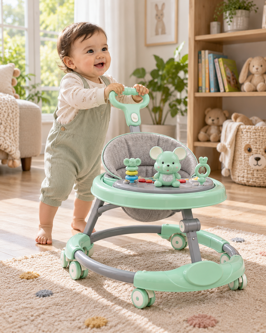 TinySteps Musical Baby Walker with Interactive Toy Tray & Push Handle – Mint Green
