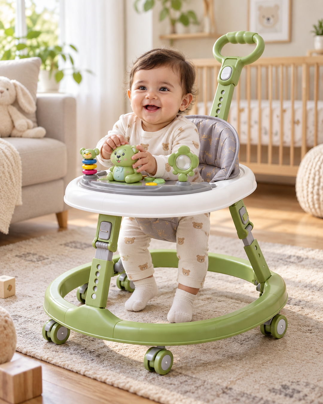 Baby Walker with Interactive Toy Tray – Green