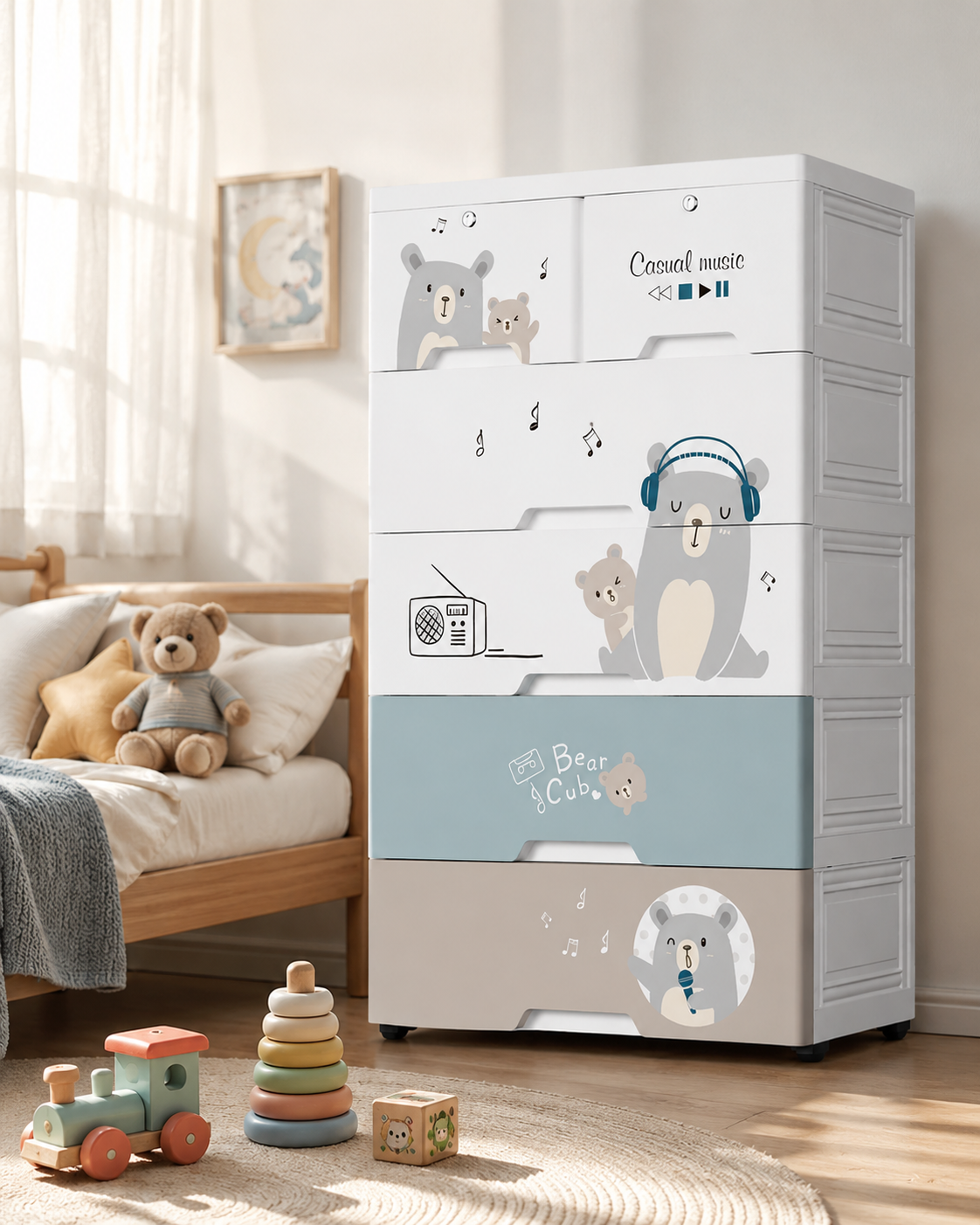 Cute Bear 5 Drawer Plastic Storage Cabinet for Kids (60x38x113cm)