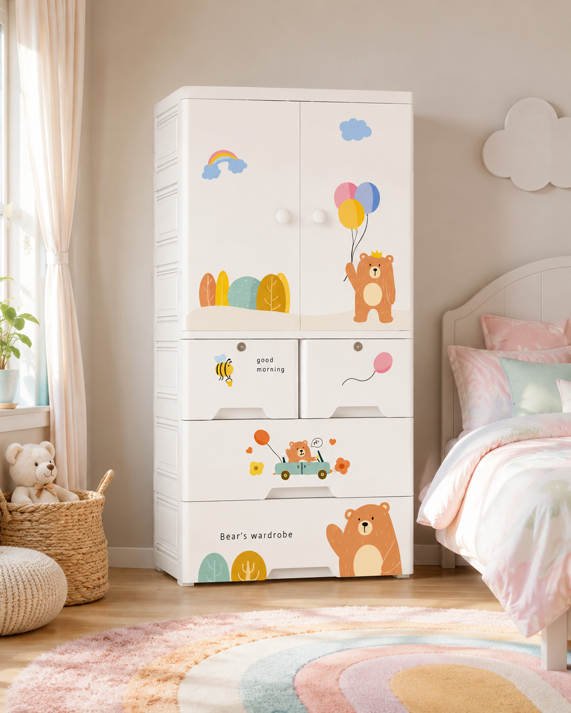 Little Teddy Kids Wardrobe & Storage – Nursery Organizer (60*38*135cm)