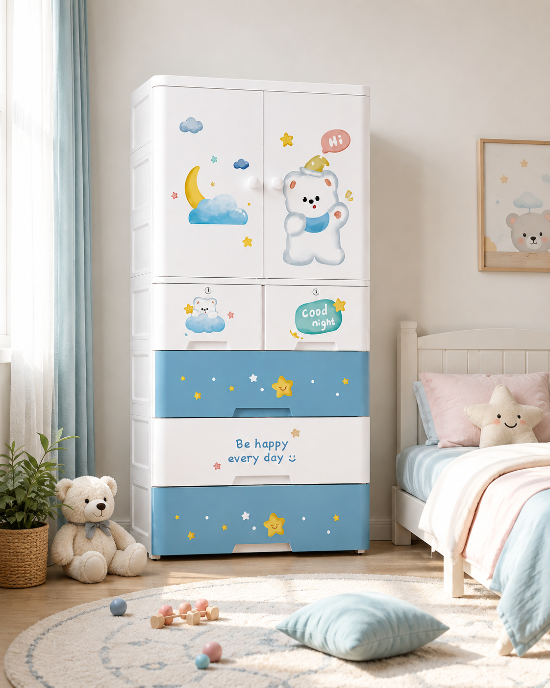 Kids Room Wardrobe with Multiple Shelves & Drawers (70*38*156cm)