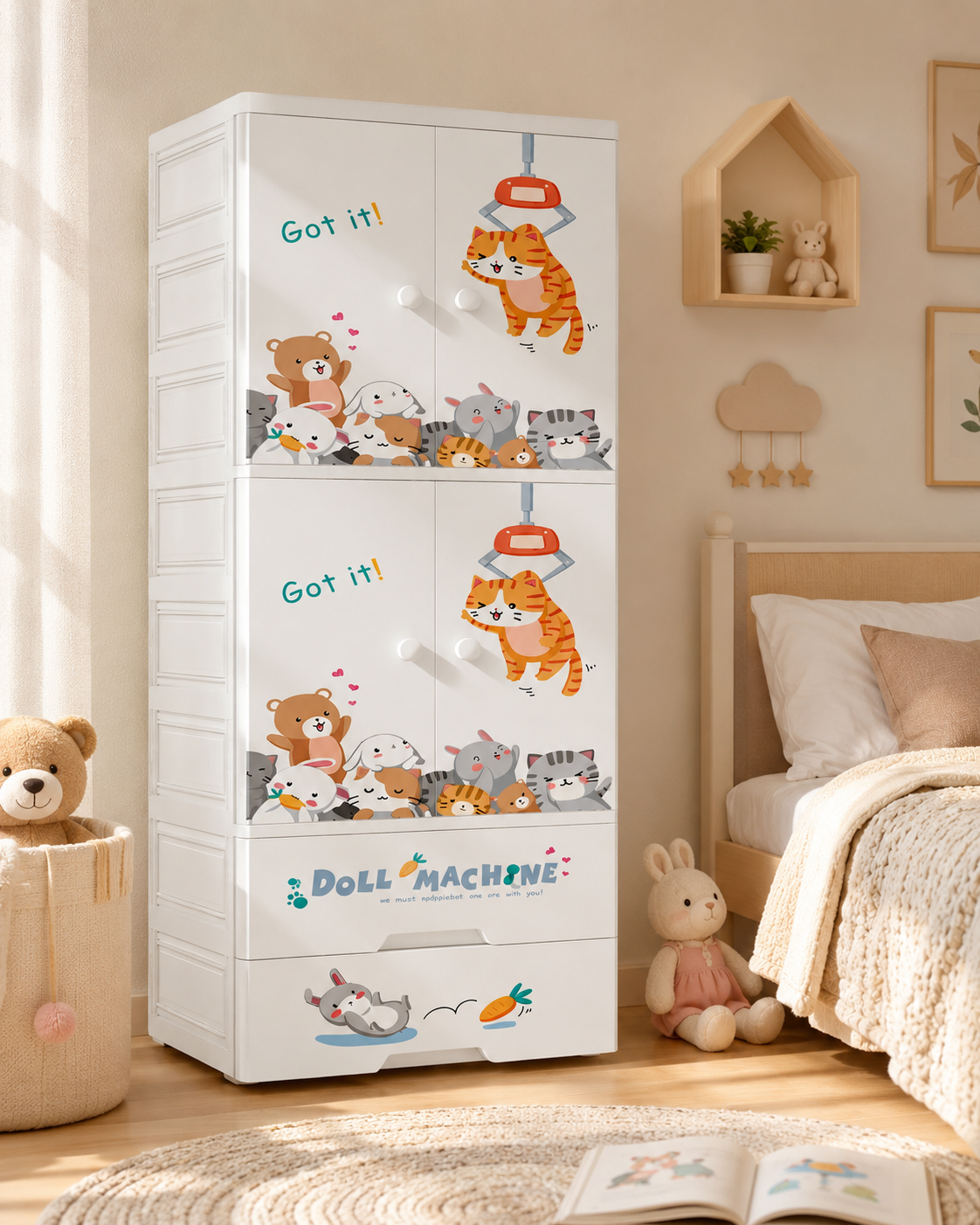 Happy Cat Kids Storage Wardrobe – Cute Cartoon Clothes & Toy Organizer (60*38*177cm)