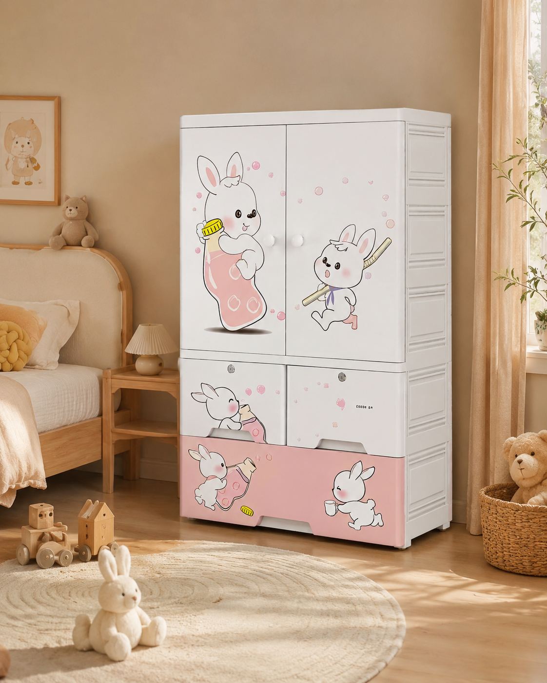 Sweet Bunny Kids Storage Wardrobe – Cute Pink Rabbit Clothes Organizer (70*38*114cm)