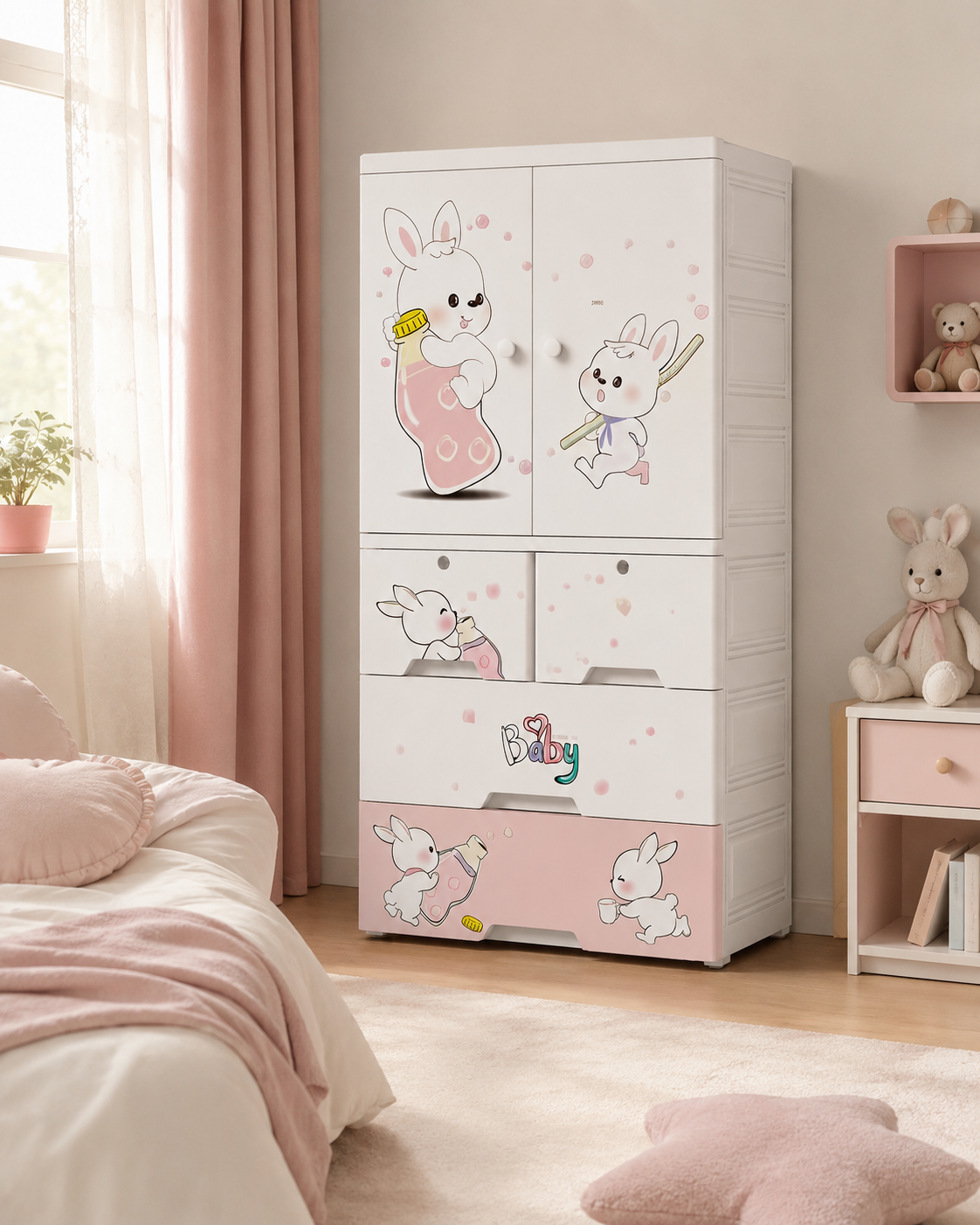 Little Rabbit Kids Wardrobe & Storage – Adorable Cartoon Nursery Cabinet (70*38*135cm)