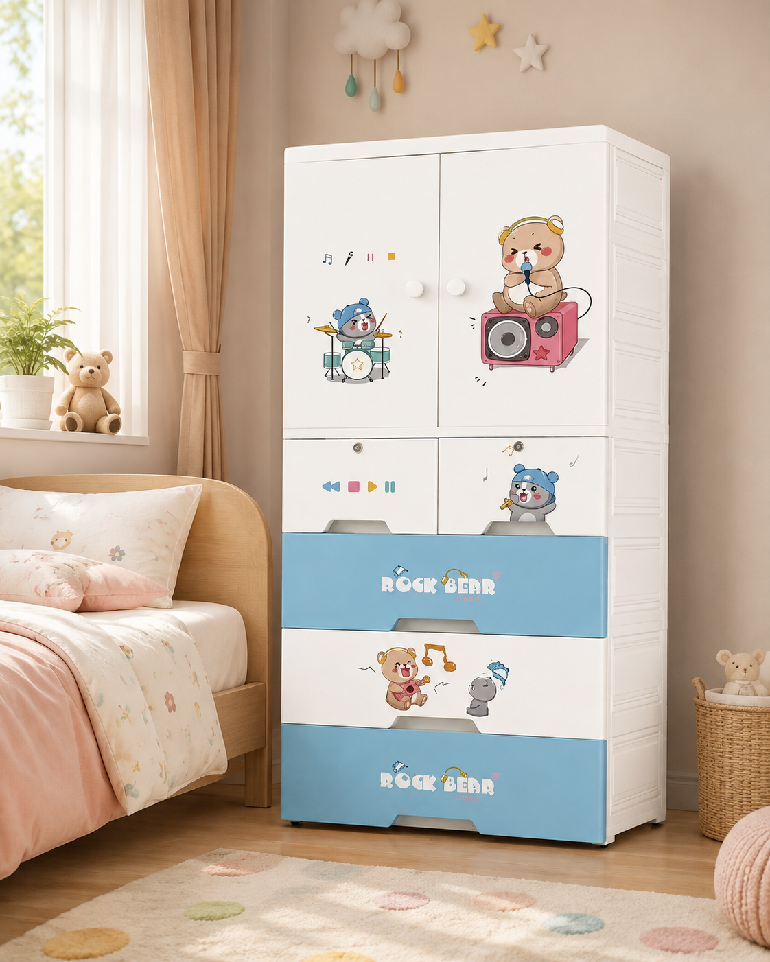 Rock Bear Kids Wardrobe & Storage Cabinet – Cute Music-Themed Cartoon Organizer (70*38*156cm)