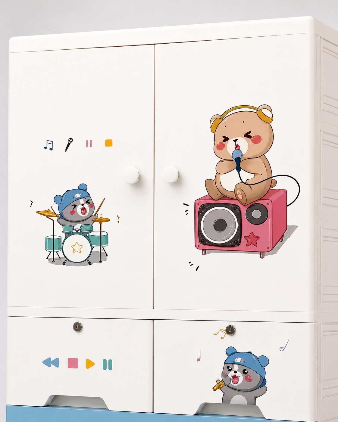 Rock Bear Kids Wardrobe & Storage Cabinet – Cute Music-Themed Cartoon Organizer (70*38*156cm)