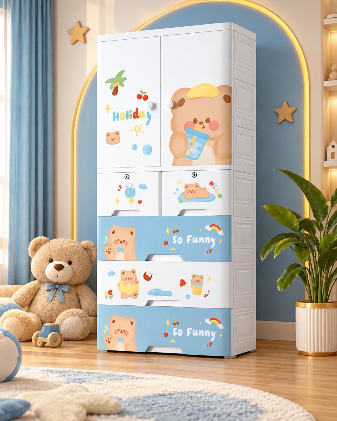 Kids Room Wardrobe with Multiple Shelves & Drawers (70*38*156cm)