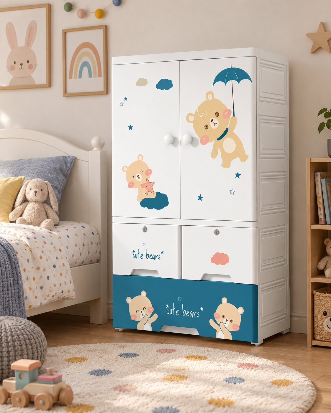 Cute Sprite Bear Kids Wardrobe & Storage Cabinet (70*38*114cm)