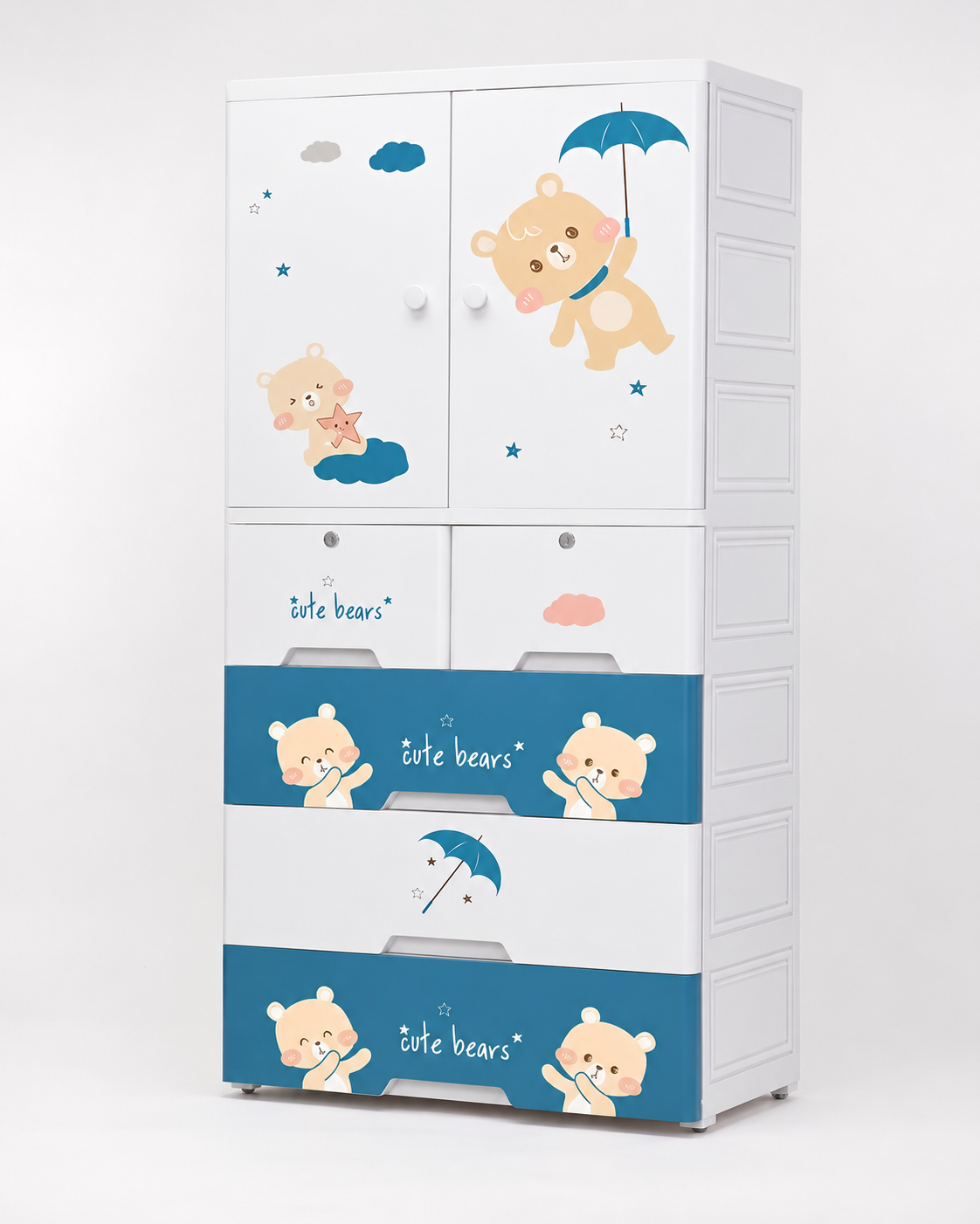 Cute Bears Kids Wardrobe – Blue Bear & Umbrella Edition | Children’s Storage Cabinet (70*38*156cm)
