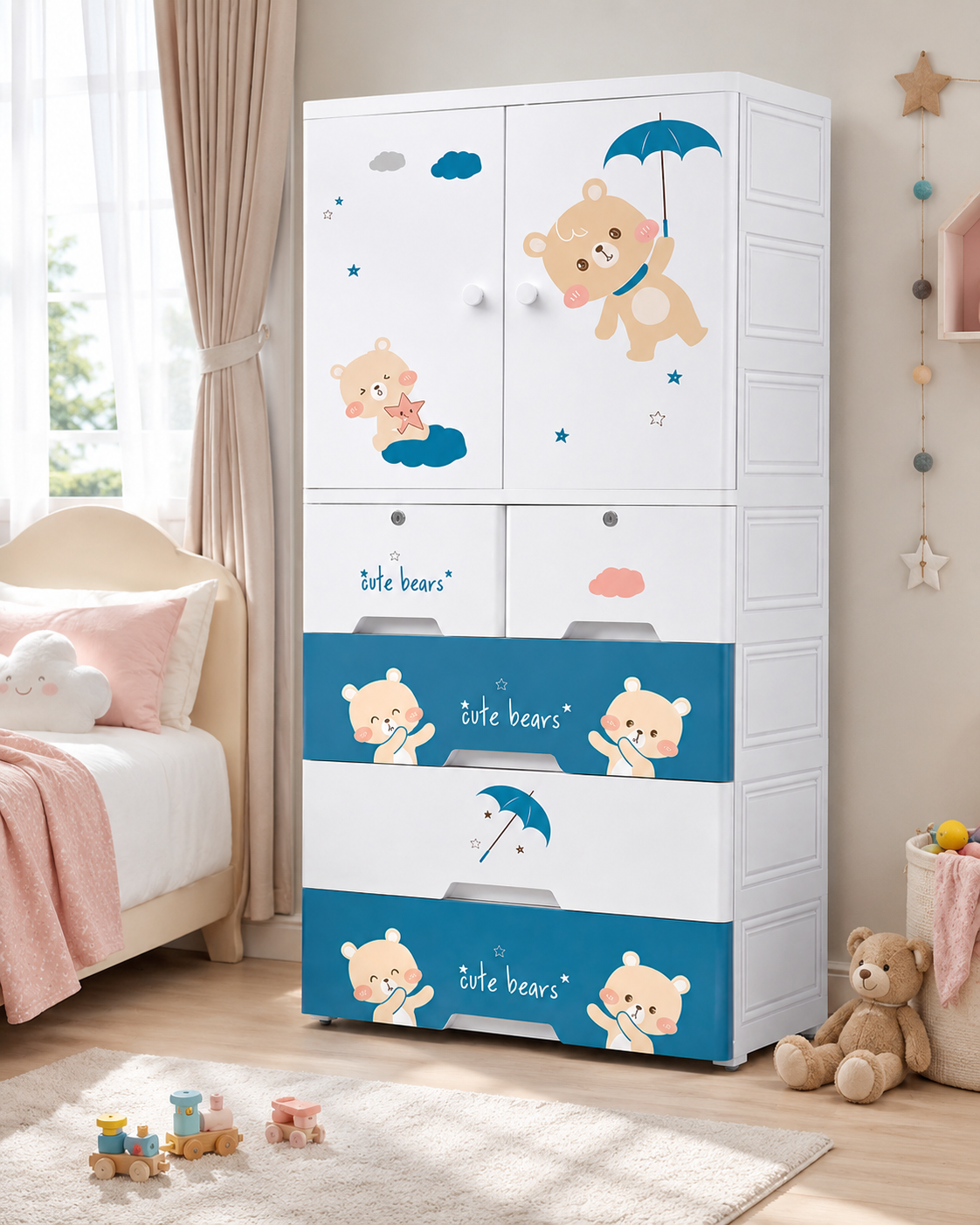 Cute Bears Kids Wardrobe – Blue Bear & Umbrella Edition | Children’s Storage Cabinet (70*38*156cm)