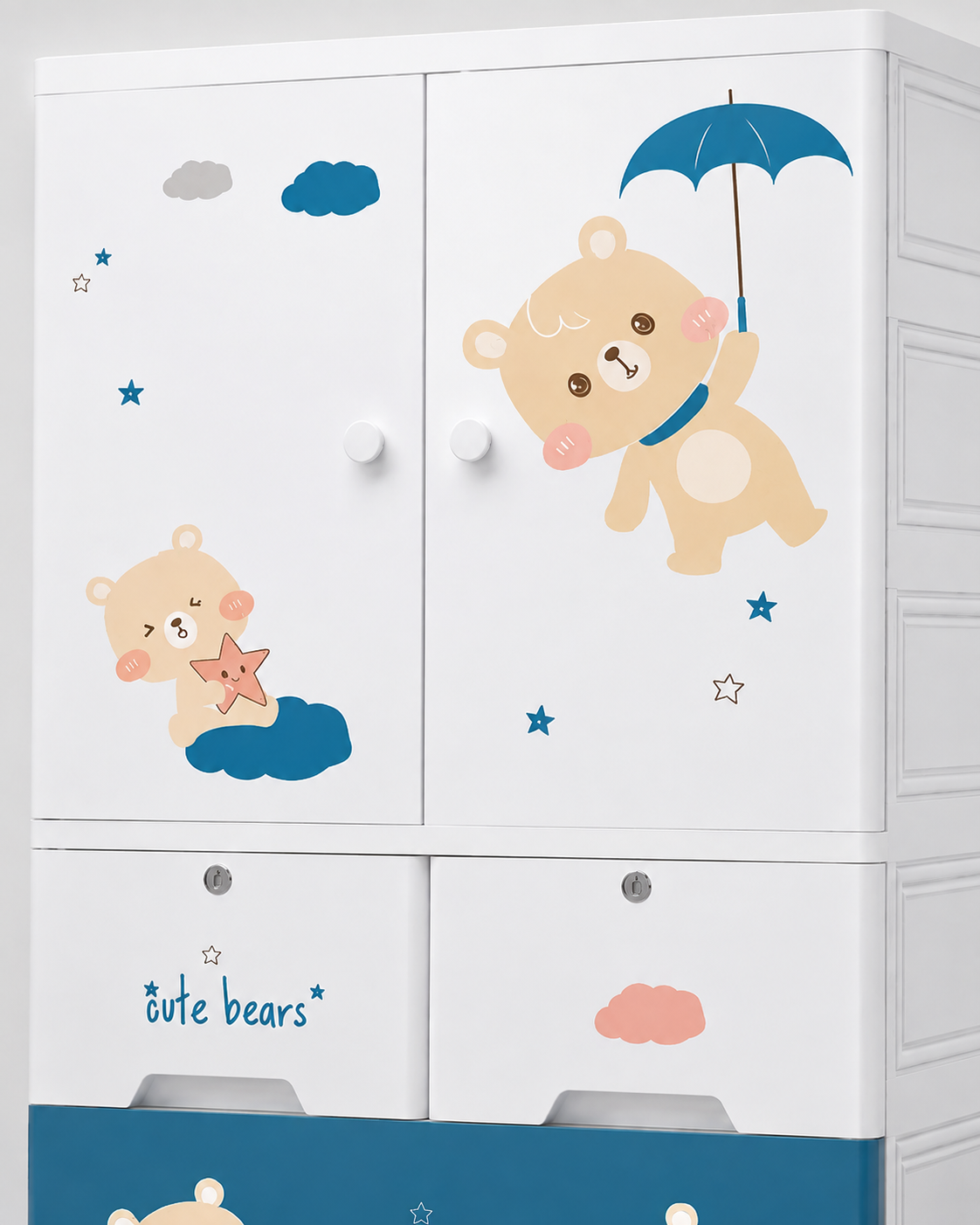 Cute Bears Kids Wardrobe – Blue Bear & Umbrella Edition | Children’s Storage Cabinet (70*38*156cm)