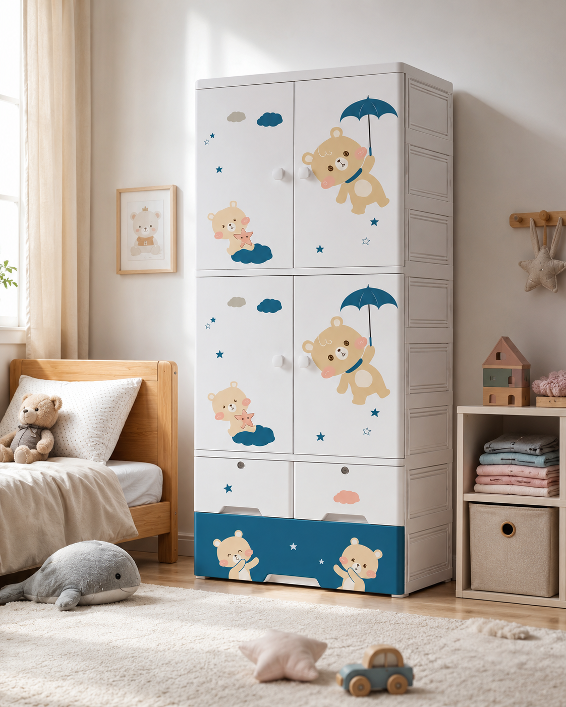 Large Kids Wardrobe with Multiple Shelves & Drawers (70*38*177cm)